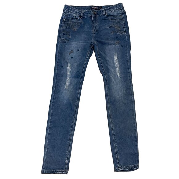 Girls Denim Jeans with Embroidery Y2K 90s  stretch mid rise bling skinny sz 14 - Picture 1 of 6